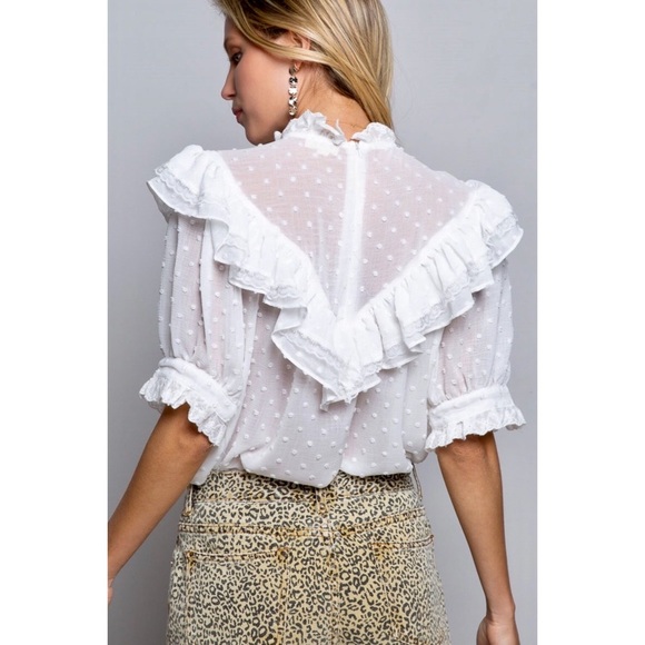 POL Swiss Dot Ruffle Mock Neck Blouse Half Sleeves Relaxed Fit - Picture 10 of 11